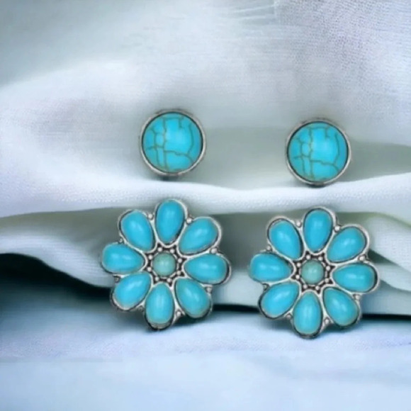 2 LEFT! Bohemian Turquoise Stone Flower Stud Earrings & Circle Stud Earrings - Picture 2 of 3